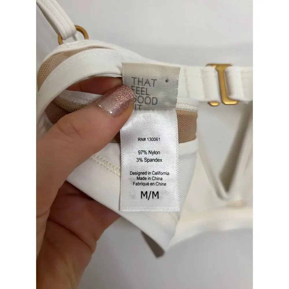 L*Space Bikini Top Womens Medium White Ribbed Mesh Plunge V-Neck Adjustable